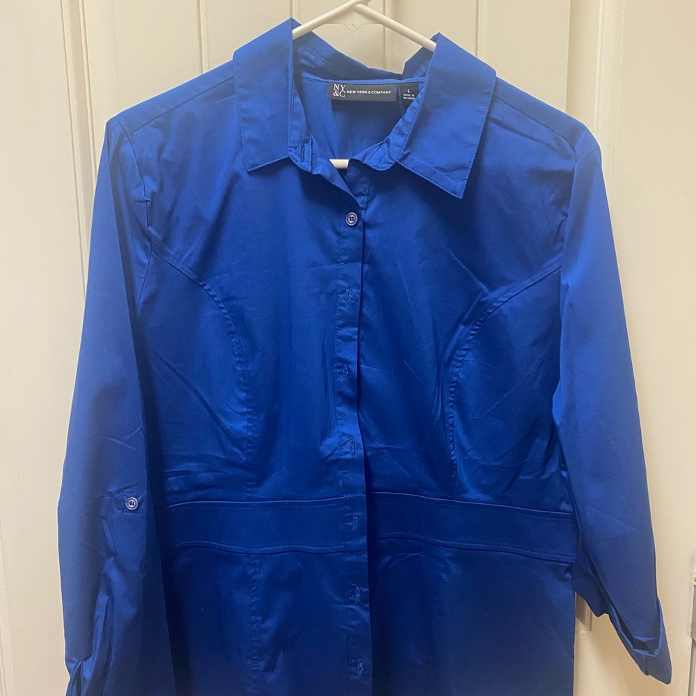 New York & Company Size L Lg sleeve-button down shirts-Royal/Emerald green/Black - Picture 6 of 13